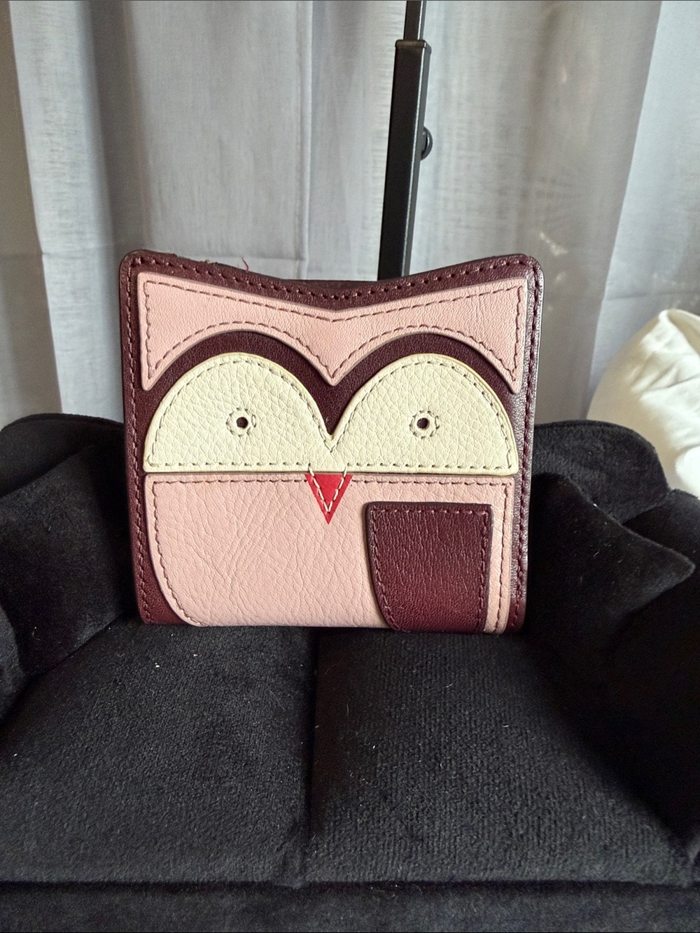 Fossil Pink Owl Appliqué Leather Wallet with Cream and Burgundy Accents
